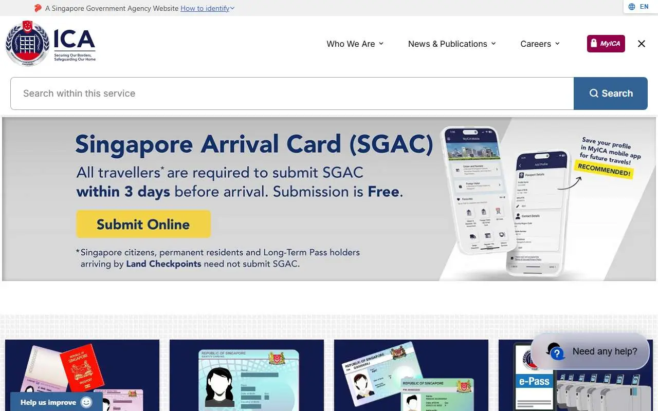 Tampilan website resmi ICA Singapura (ica.gov.sg)