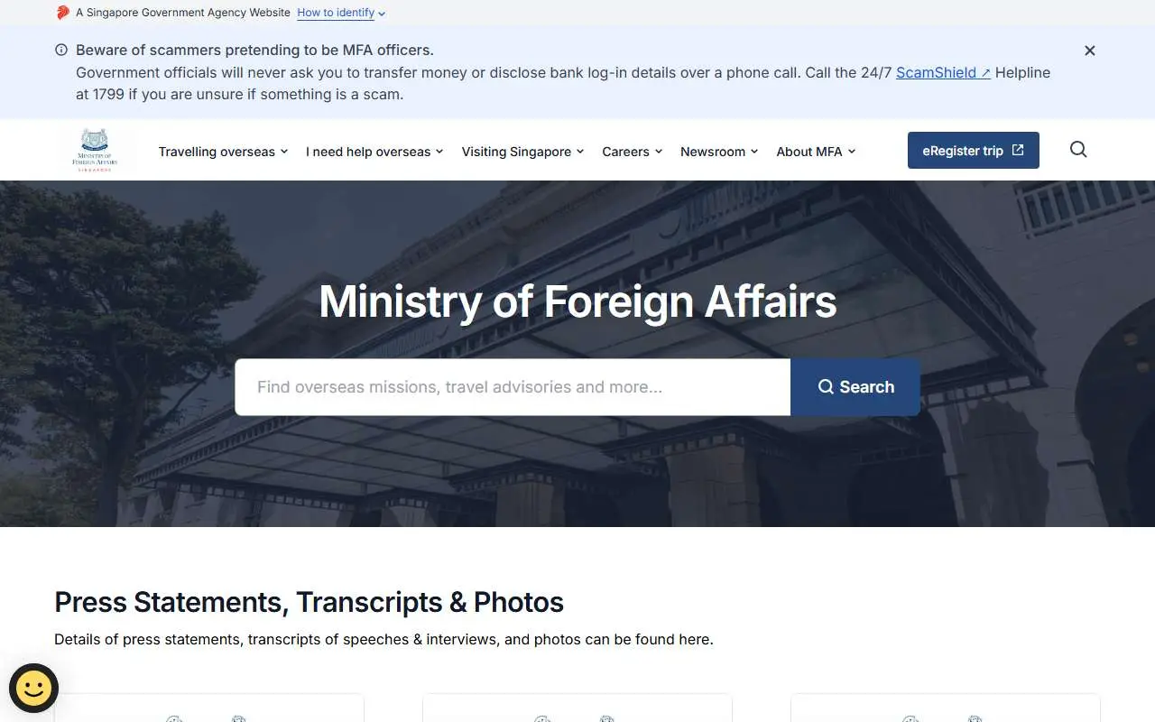 Tampilan website resmi Kementerian Luar Negeri Singapura (mfa.gov.sg)