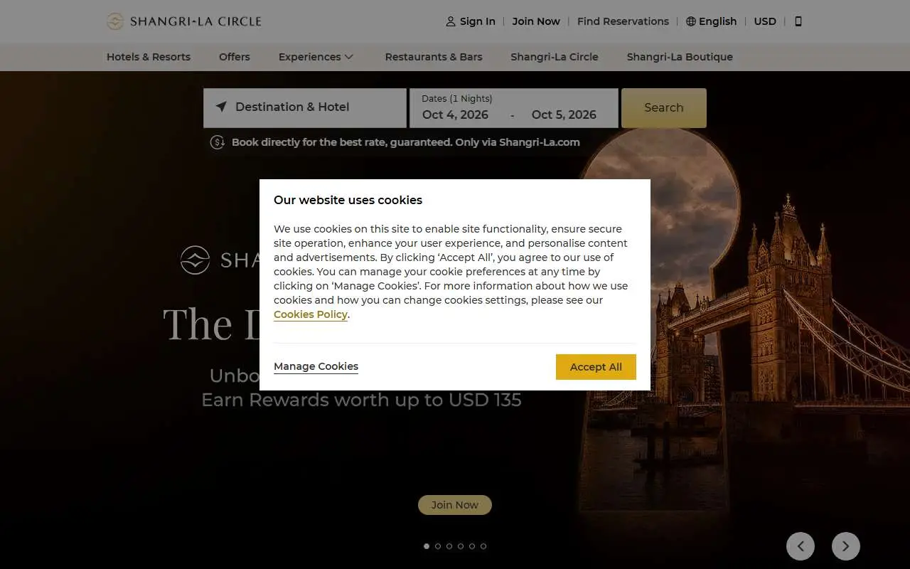 Tampilan website resmi Shangri-La (shangri-la.com)