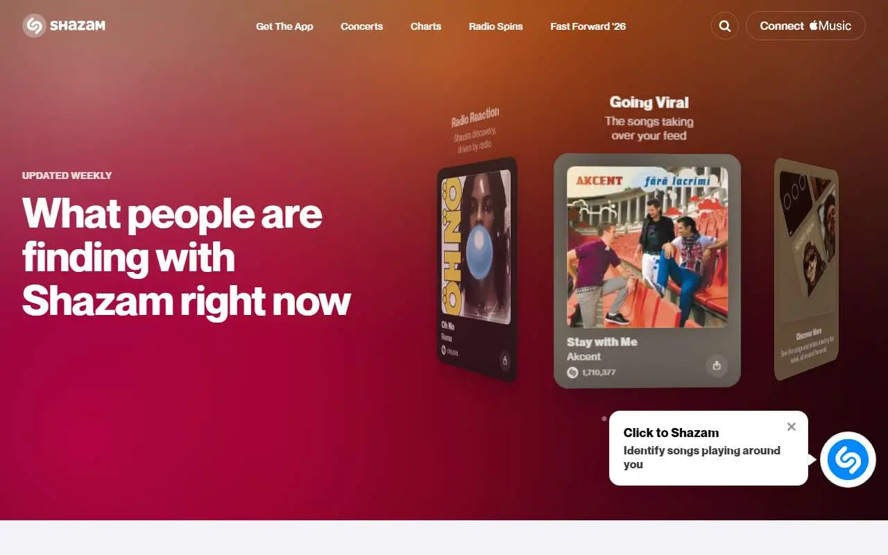 Tampilan website resmi Shazam (shazam.com)