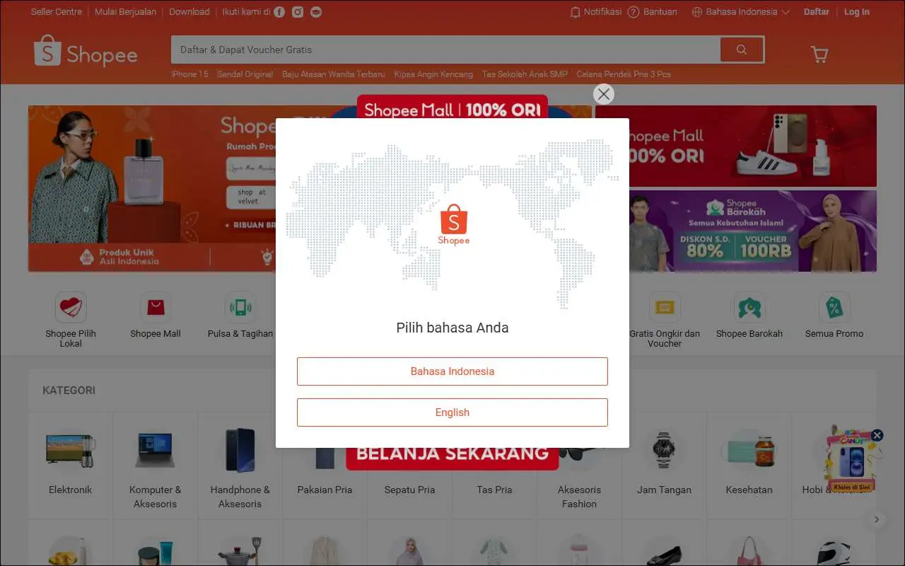 Tampilan website resmi Shopee Indonesia (shopee.co.id)