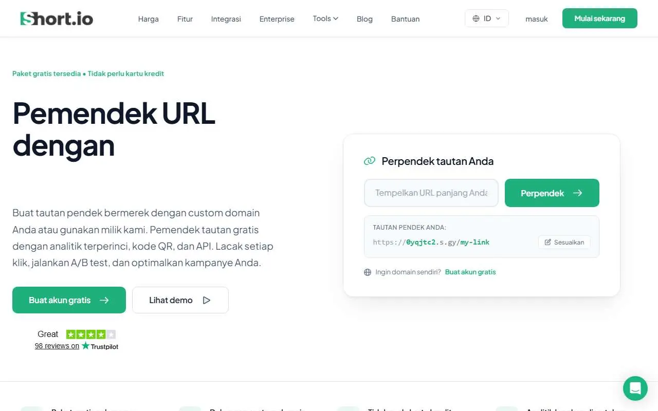 Tampilan website resmi Short.io (short.io)