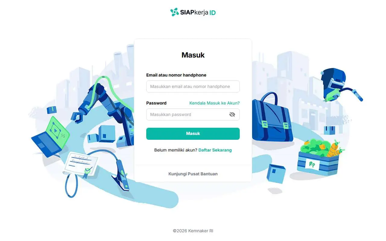 Tampilan website resmi SIAPkerja (account.kemnaker.go.id)