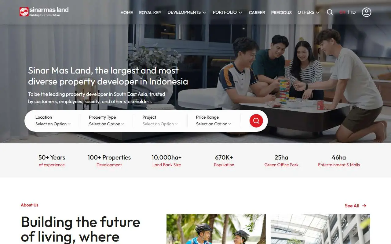 Tampilan website resmi Sinar Mas Land (sinarmasland.com)