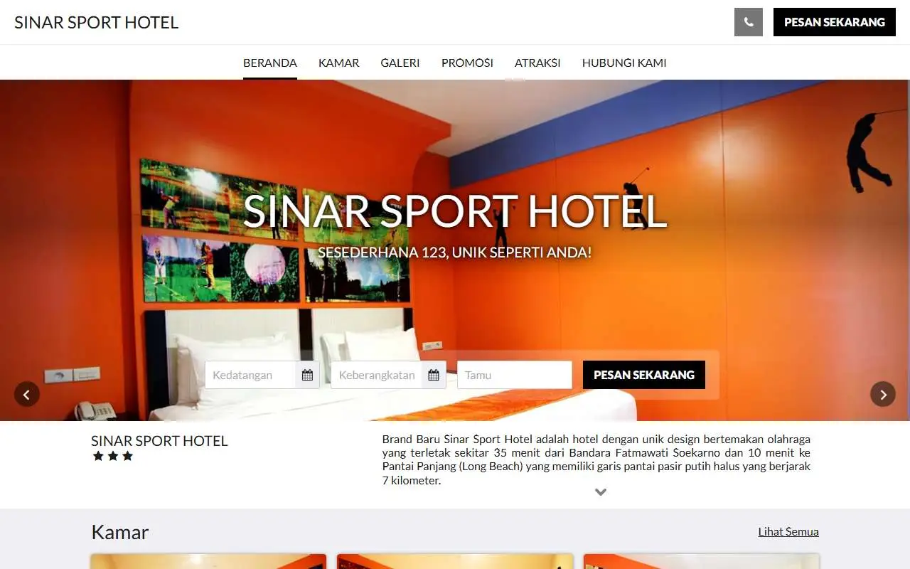 Tampilan website resmi Sinar Sport Hotel (sinarsporthotel.com)