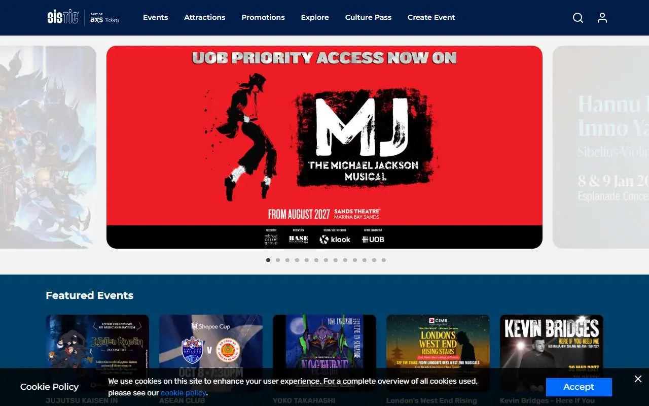 Tampilan website resmi SISTIC (sistic.com.sg)