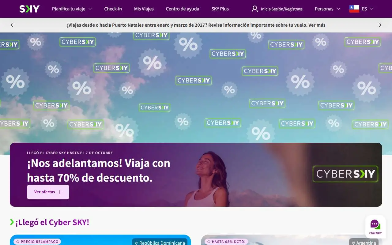 Tampilan website resmi Sky Airline (skyairline.com)