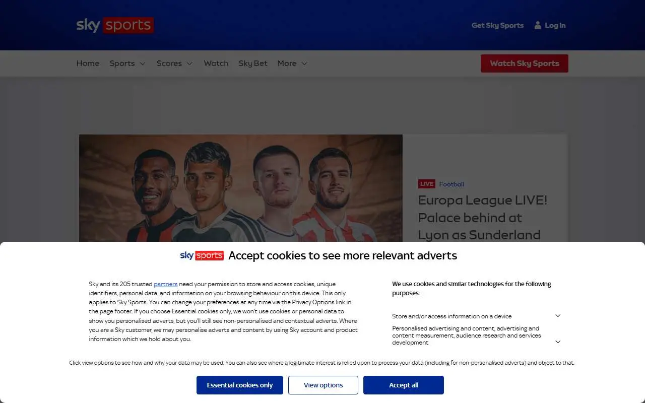 Tampilan website resmi Sky Sports (skysports.com)