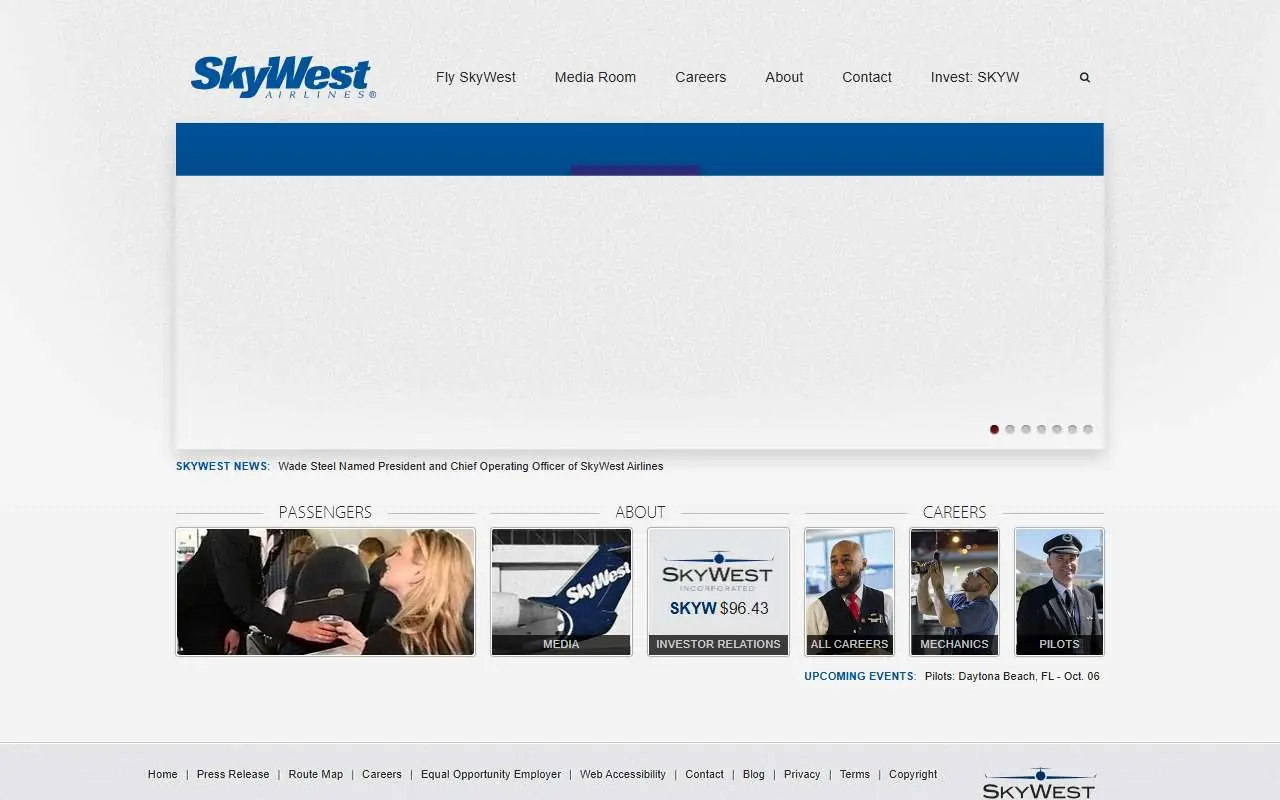 Tampilan website resmi SkyWest Airlines (skywest.com)