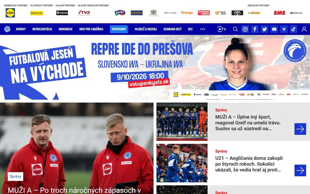 Tampilan website resmi Tim nasional sepak bola Slowakia (futbalsfz.sk)