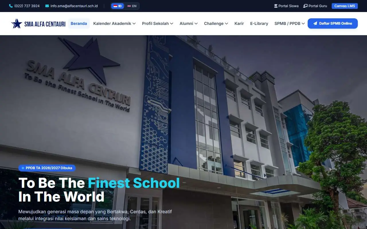 Tampilan website resmi SMA Alfa Centauri (smaalfacentauri.sch.id)