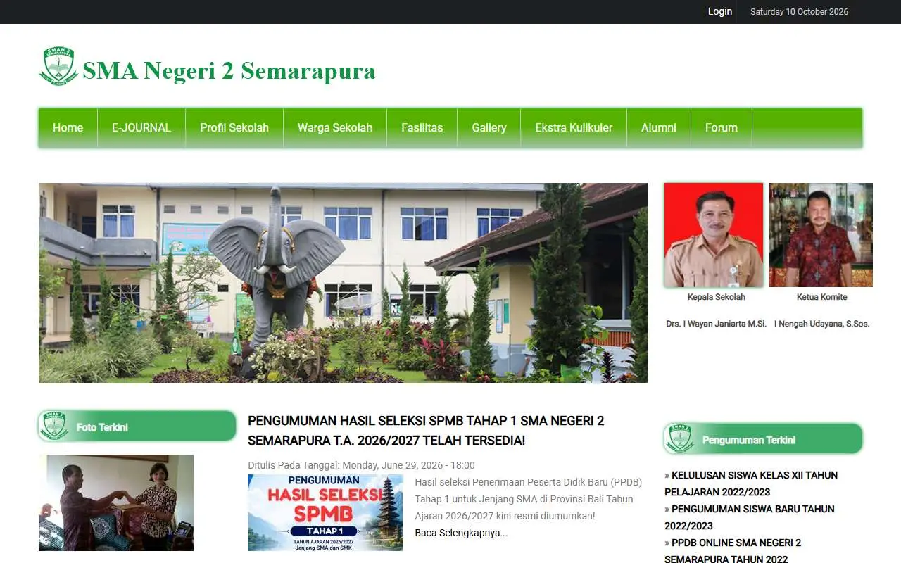 Tampilan website resmi SMA Negeri 2 Semarapura (smadara.sch.id)