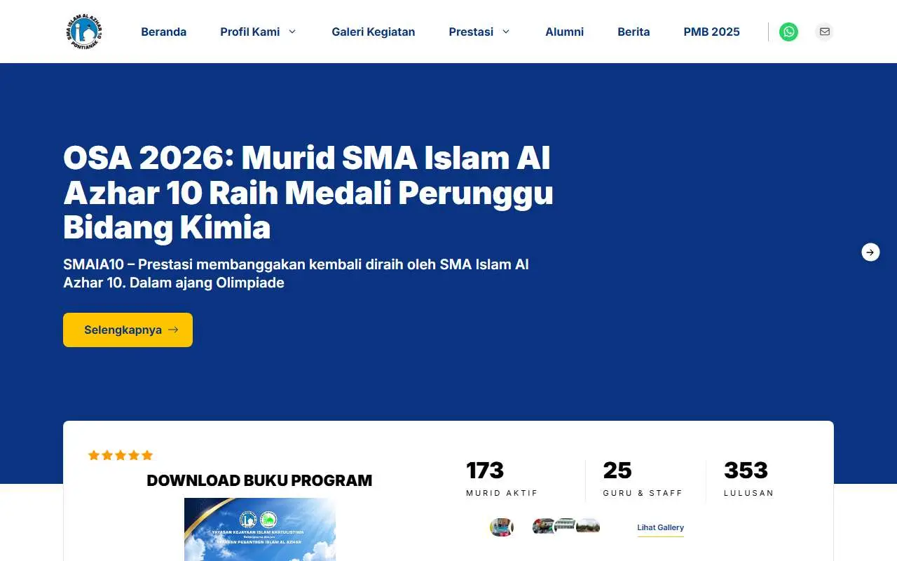Tampilan website resmi MAS Al Azhar (smaialazhar10.sch.id)