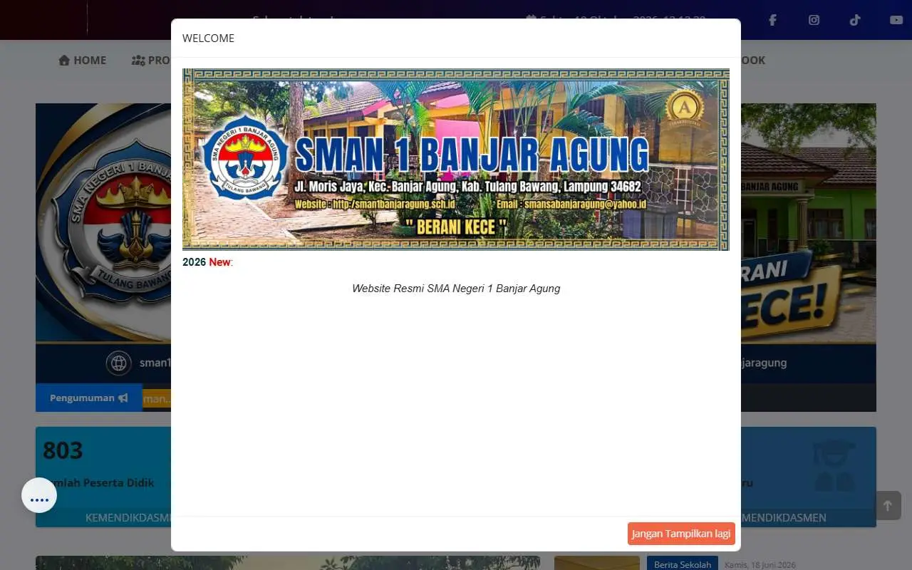Tampilan website resmi SMA Negeri 1 Banjar Agung (sman1banjaragung.sch.id)