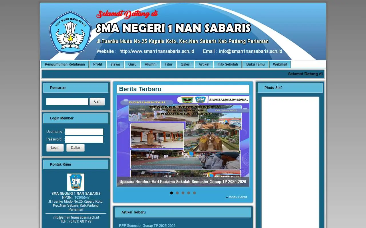 Tampilan website resmi SMA Negeri 1 Nan Sabaris (sman1nansabaris.sch.id)