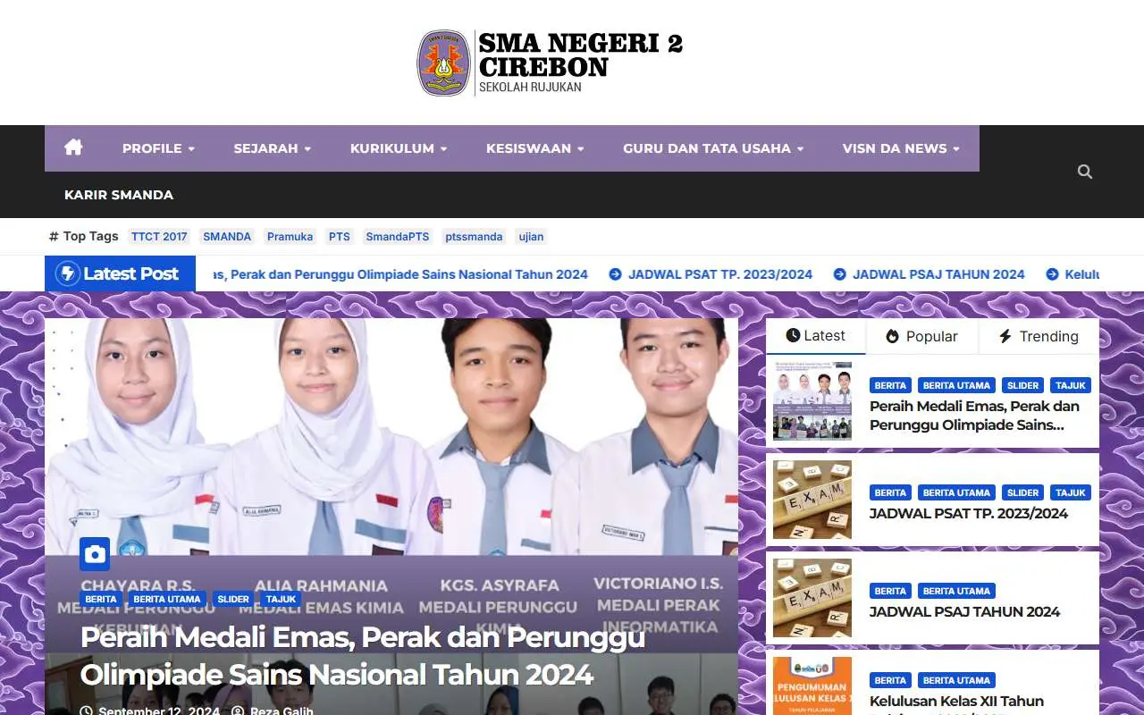 Tampilan website resmi SMA Negeri 2 Cirebon (sman2cirebon.sch.id)