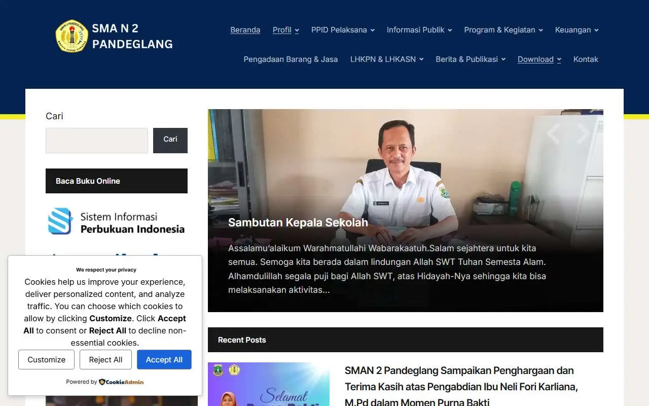 Tampilan website resmi SMA Negeri 2 Pandeglang (sman2pandeglang.sch.id)