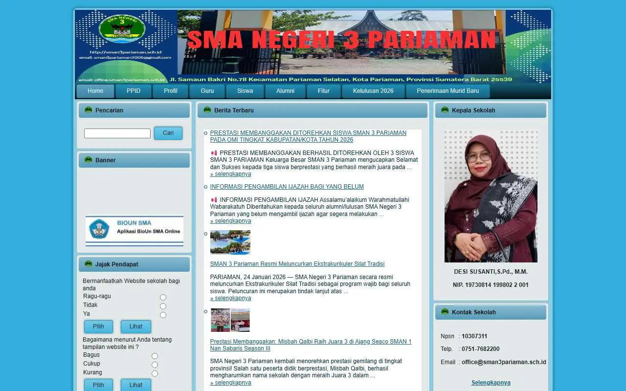 Tampilan website resmi SMA Negeri 3 Pariaman (sman3pariaman.sch.id)