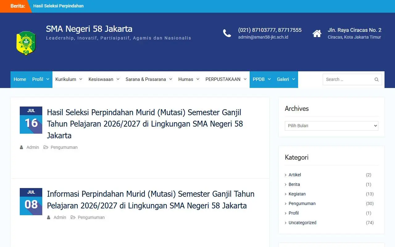 Tampilan website resmi SMA Negeri 58 Jakarta (sman58-jkt.sch.id)