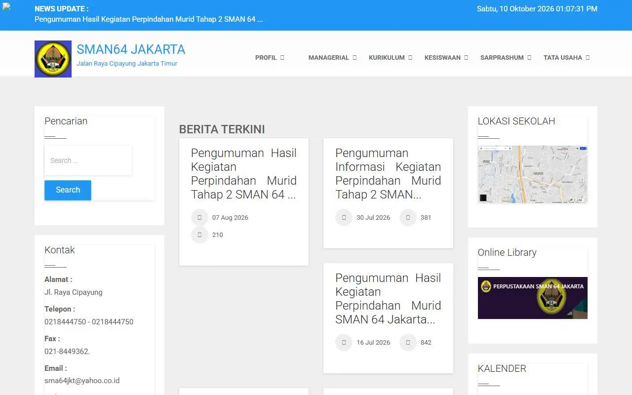 Tampilan website resmi SMA Negeri 64 Jakarta (sman64jkt.sch.id)