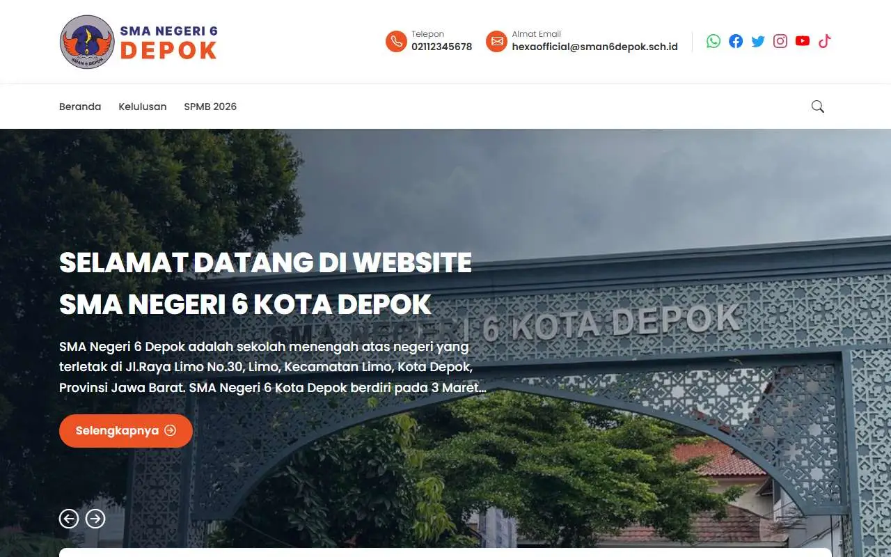 Tampilan website resmi SMA Negeri 6 Kota Depok (sman6depok.sch.id)