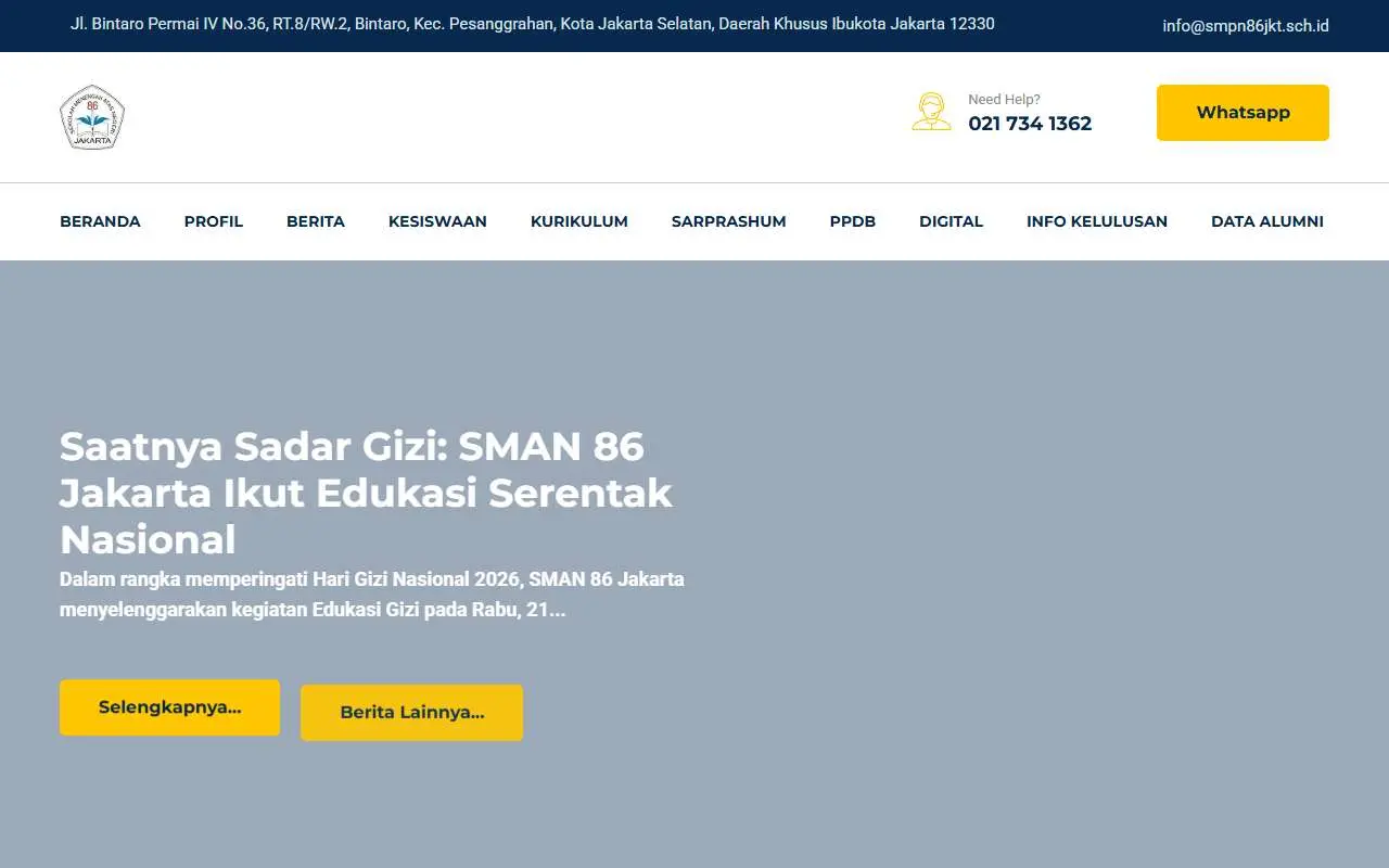 Tampilan website resmi SMA Negeri 86 Jakarta (sman86jkt.sch.id)