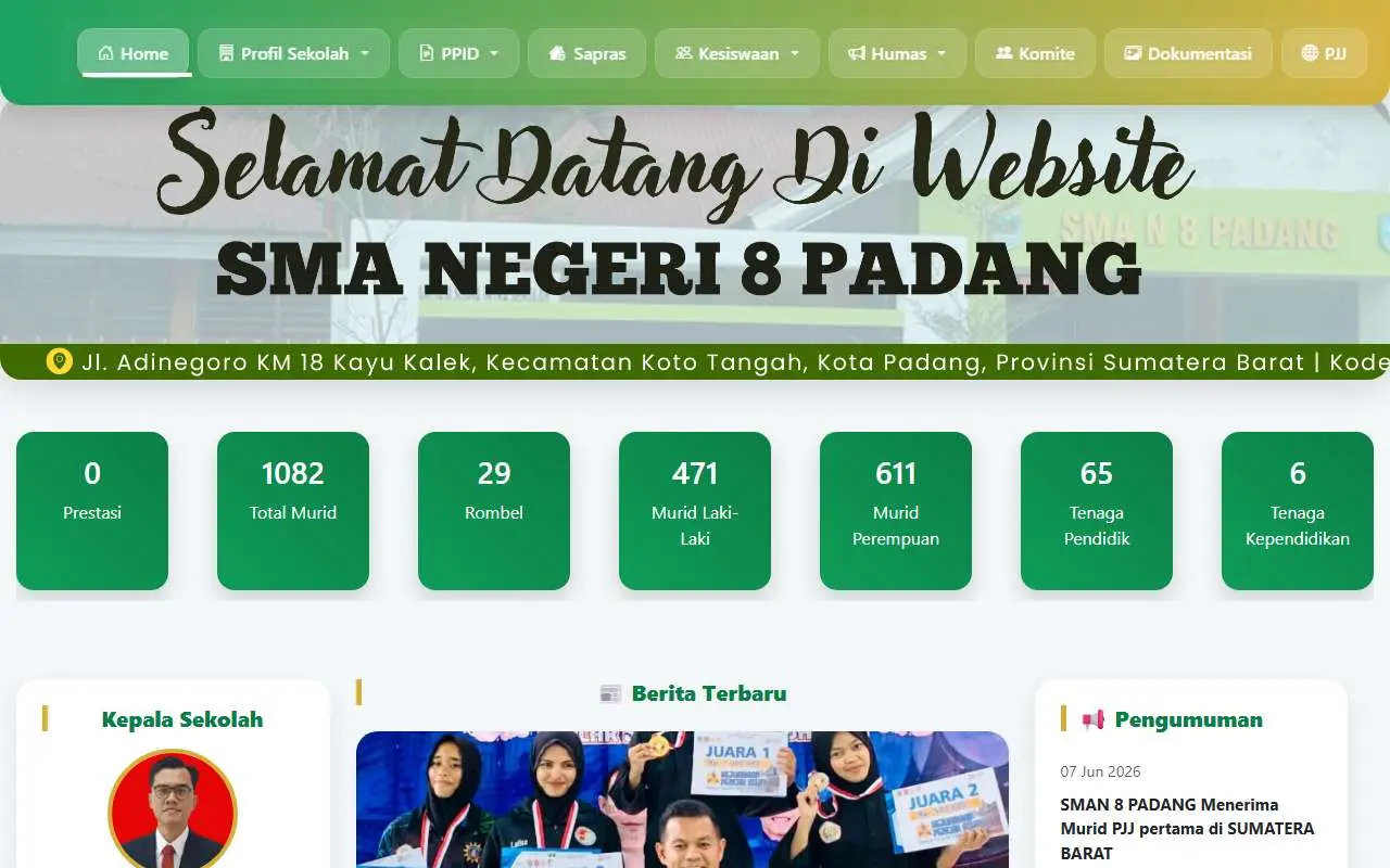Tampilan website resmi SMA Negeri 8 Padang (sman8padang.sch.id)