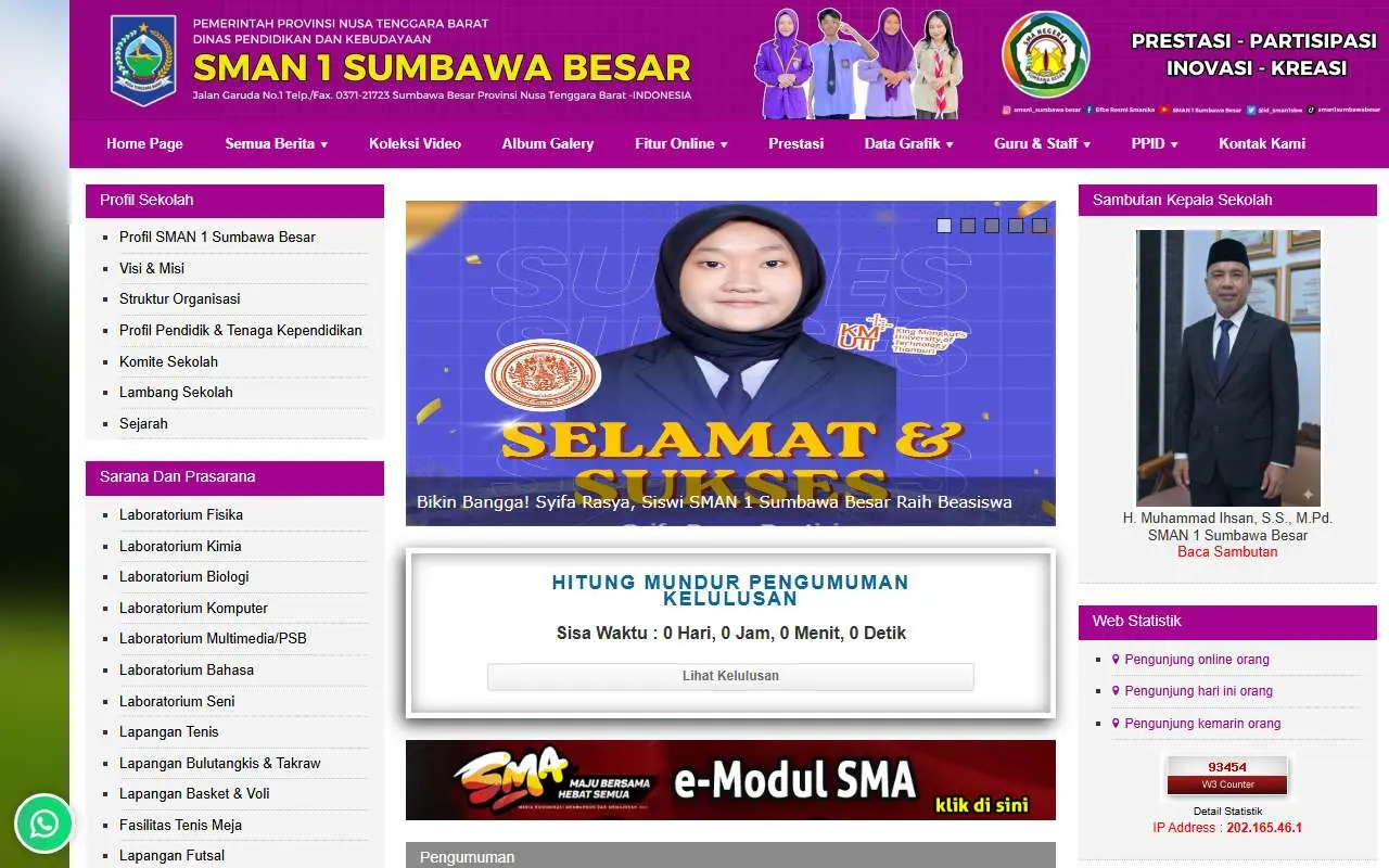 Tampilan website resmi SMA Negeri 1 Sumbawa Besar (smanika-sumbawabesar.sch.id)
