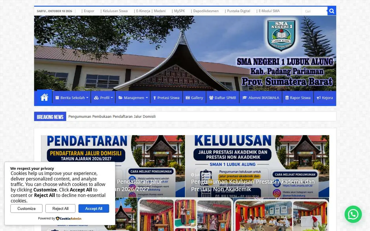 Tampilan website resmi SMA Negeri 1 Lubuk Alung (smanla.sch.id)