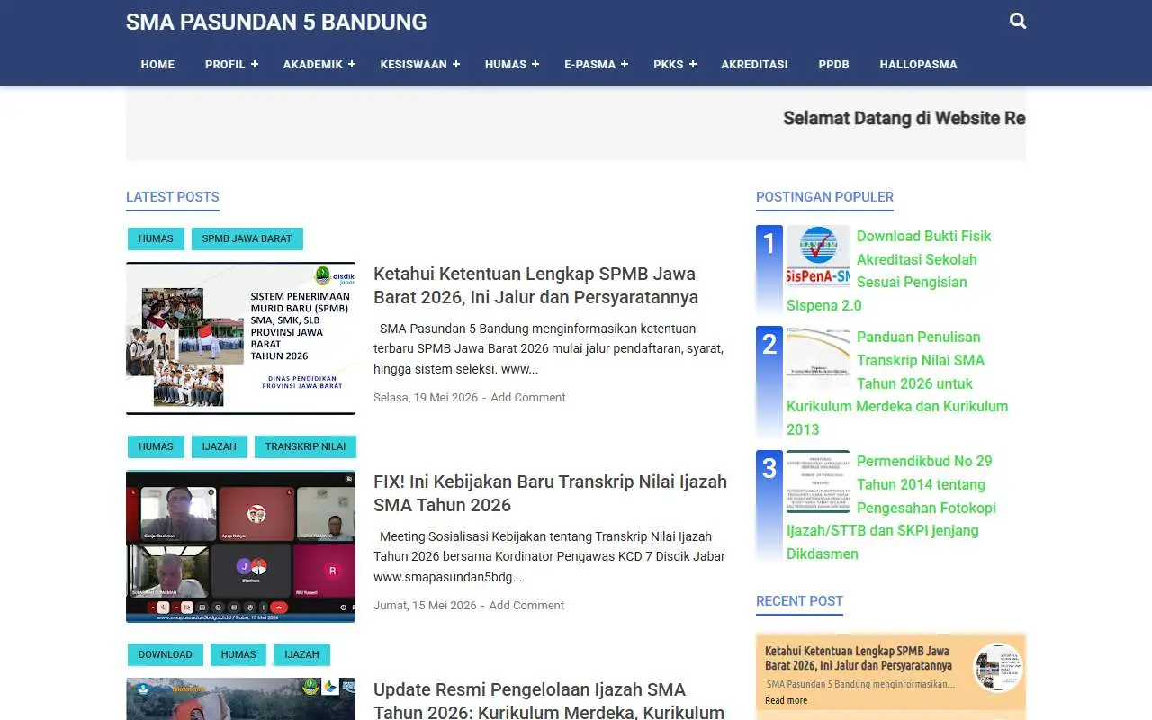 Tampilan website resmi SMA Pasundan 5 Bandung (smapasundan5bdg.sch.id)