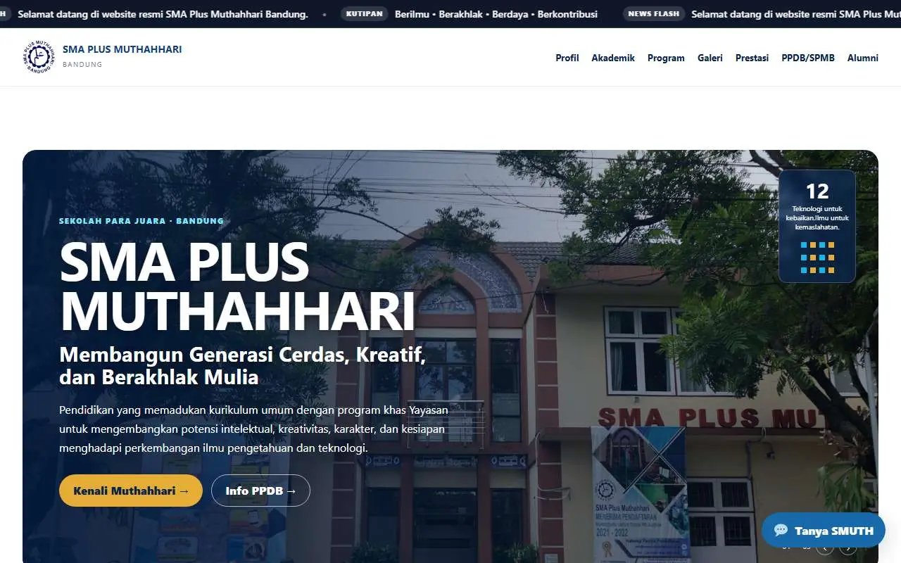 Tampilan website resmi SMA Plus Muthahhari (smaplusmuthahhari.sch.id)