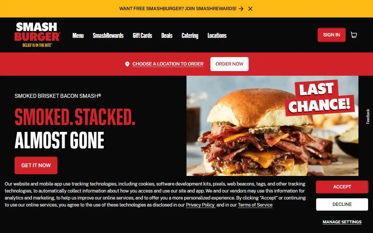 Tampilan website resmi Smashburger (smashburger.com)