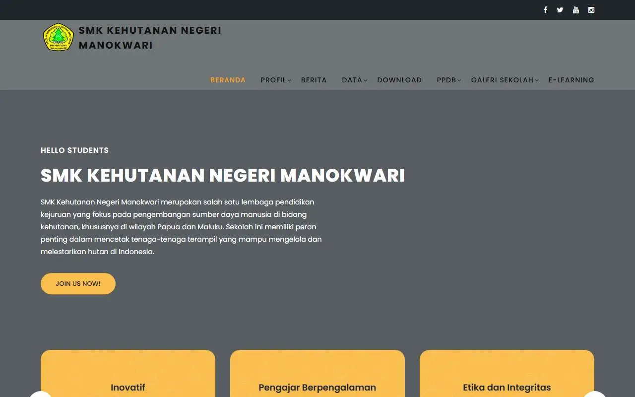 Tampilan website resmi SMK Negeri Kehutanan Manokwari (smkknmanokwari.sch.id)