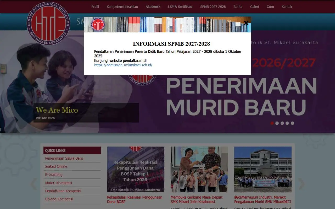 Tampilan website resmi St. Michael Technical School, Surakarta (smkmikael.sch.id)