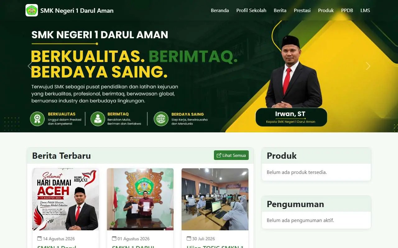 Tampilan website resmi SMK Negeri 1 Darul Aman (smkn1darulaman.sch.id)