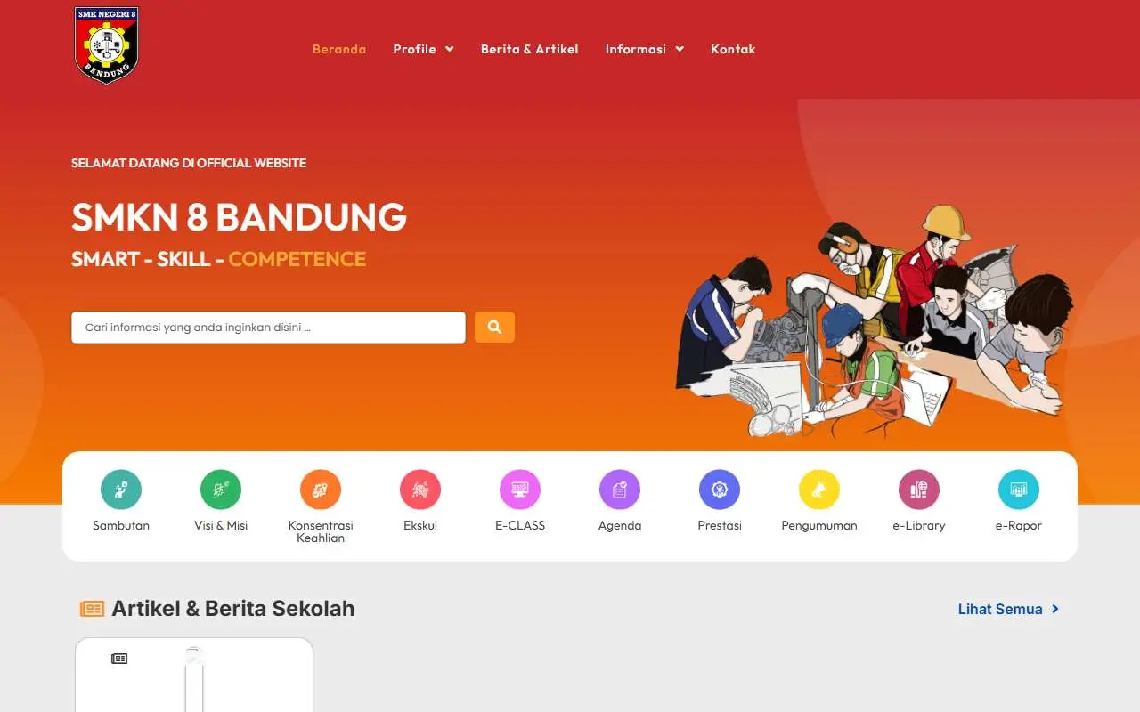 Tampilan website resmi SMK Negeri 8 Bandung (smkn8bdg.sch.id)