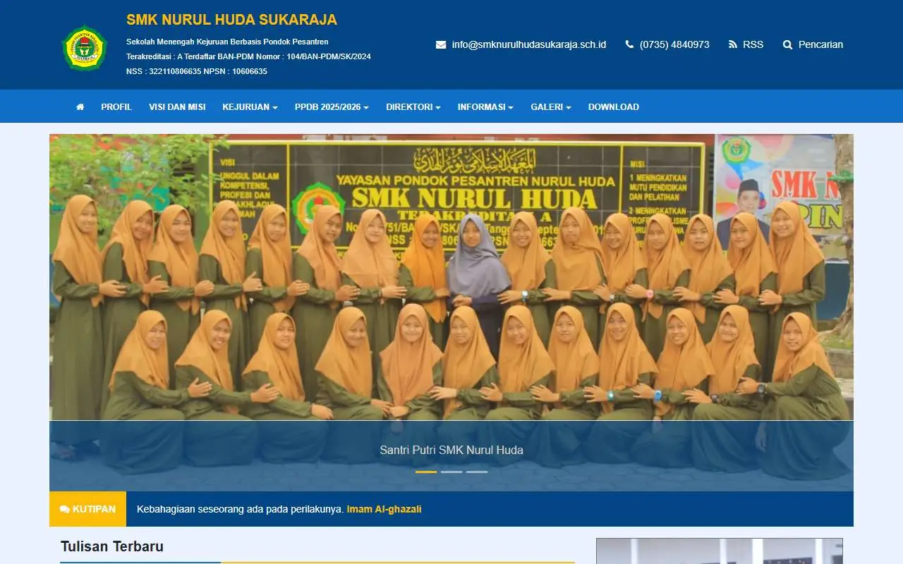 Tampilan website resmi SMK Nurulhuda Buaymadang (smknurulhudasukaraja.sch.id)