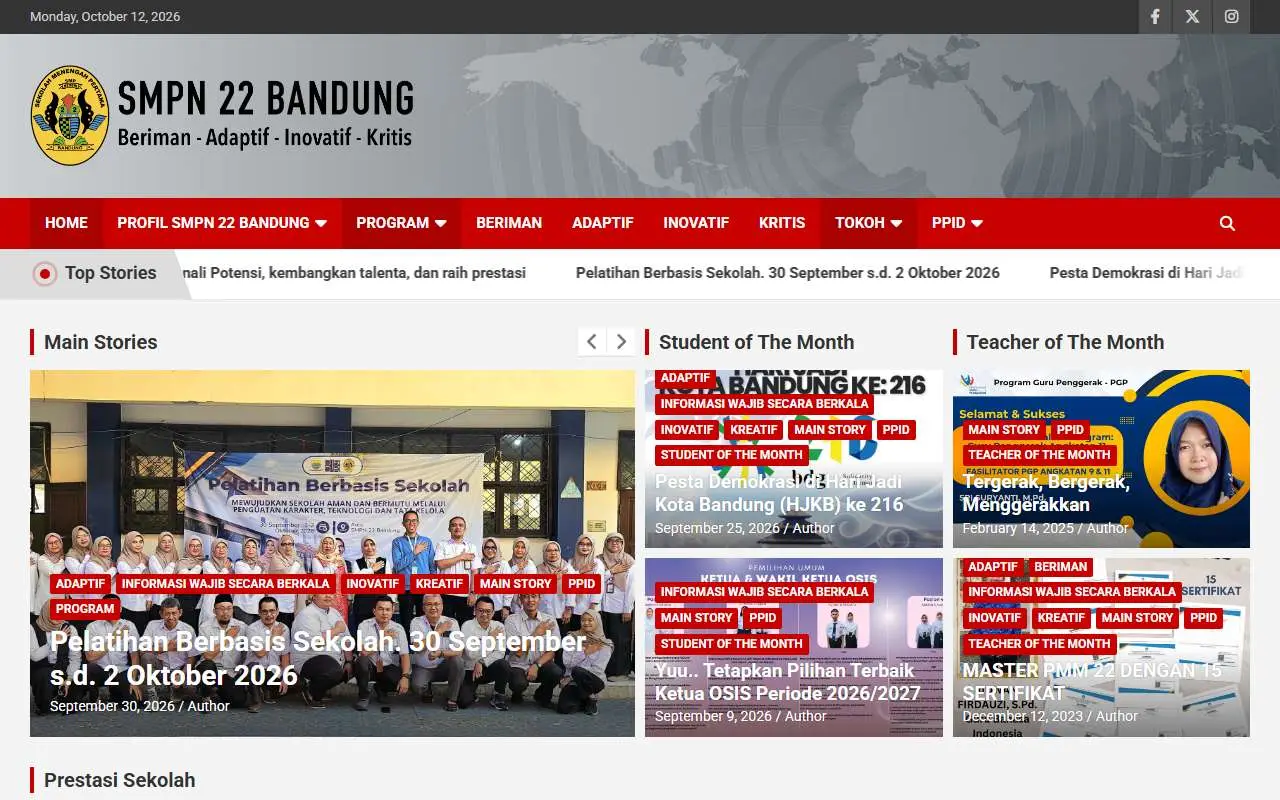 Tampilan website resmi SMP Negeri 22 Bandung (smpn22bandung.sch.id)