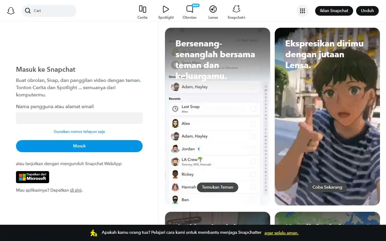 Tampilan website resmi Snapchat (snapchat.com)