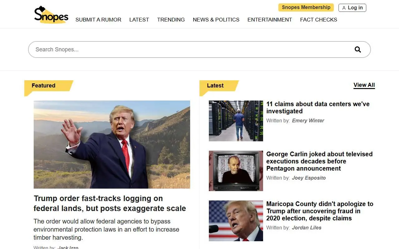 Tampilan website resmi Snopes (snopes.com)