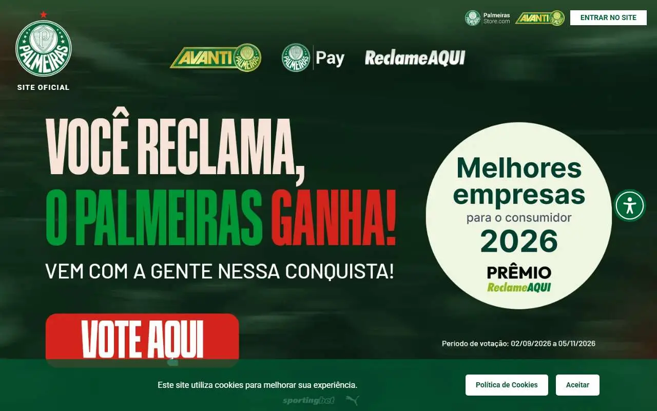 Tampilan website resmi SE Palmeiras (palmeiras.com.br)
