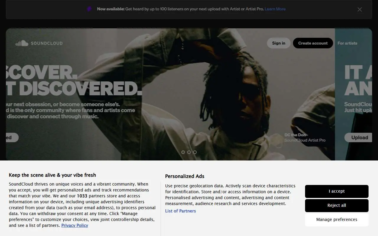 Tampilan website resmi SoundCloud (soundcloud.com)