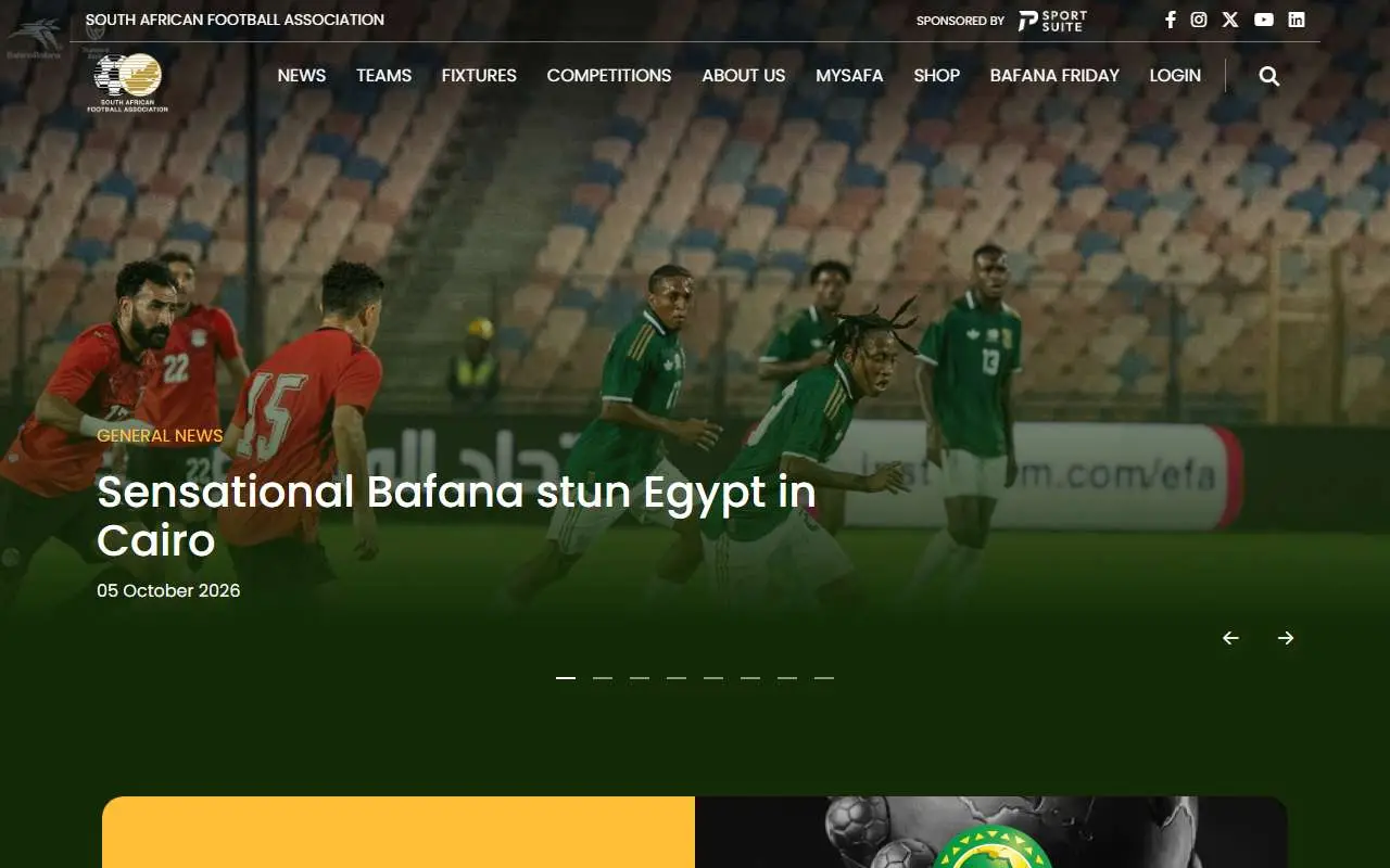 Tampilan website resmi Tim nasional sepak bola Afrika Selatan (safa.net)