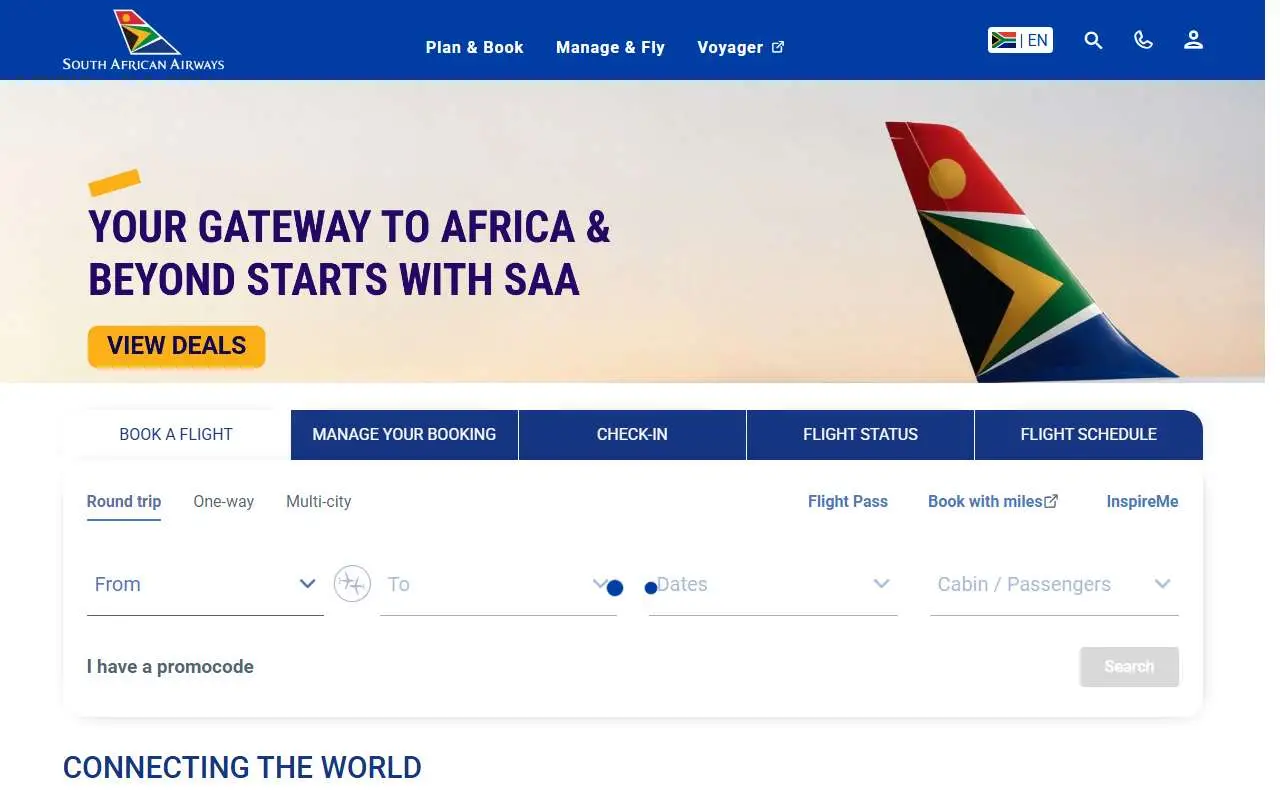 Tampilan website resmi South African Airways (flysaa.com)