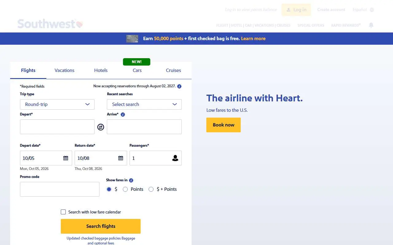 Tampilan website resmi Southwest Airlines (southwest.com)