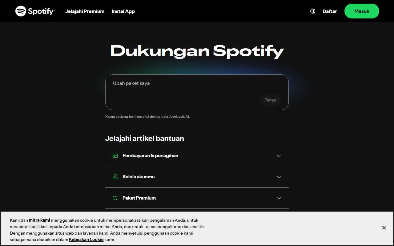 Tampilan website resmi Spotify Support (support.spotify.com)