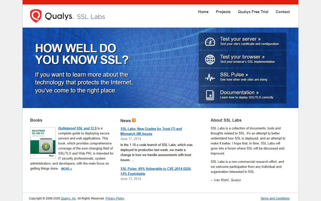 Tampilan website resmi Qualys SSL Labs (ssllabs.com)
