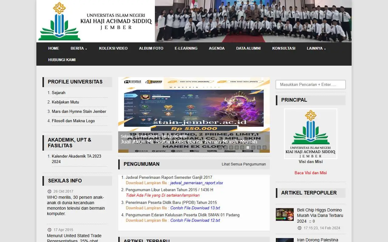 Tampilan website resmi UIN Kiai Haji Achmad Siddiq Jember (stain-jember.ac.id)
