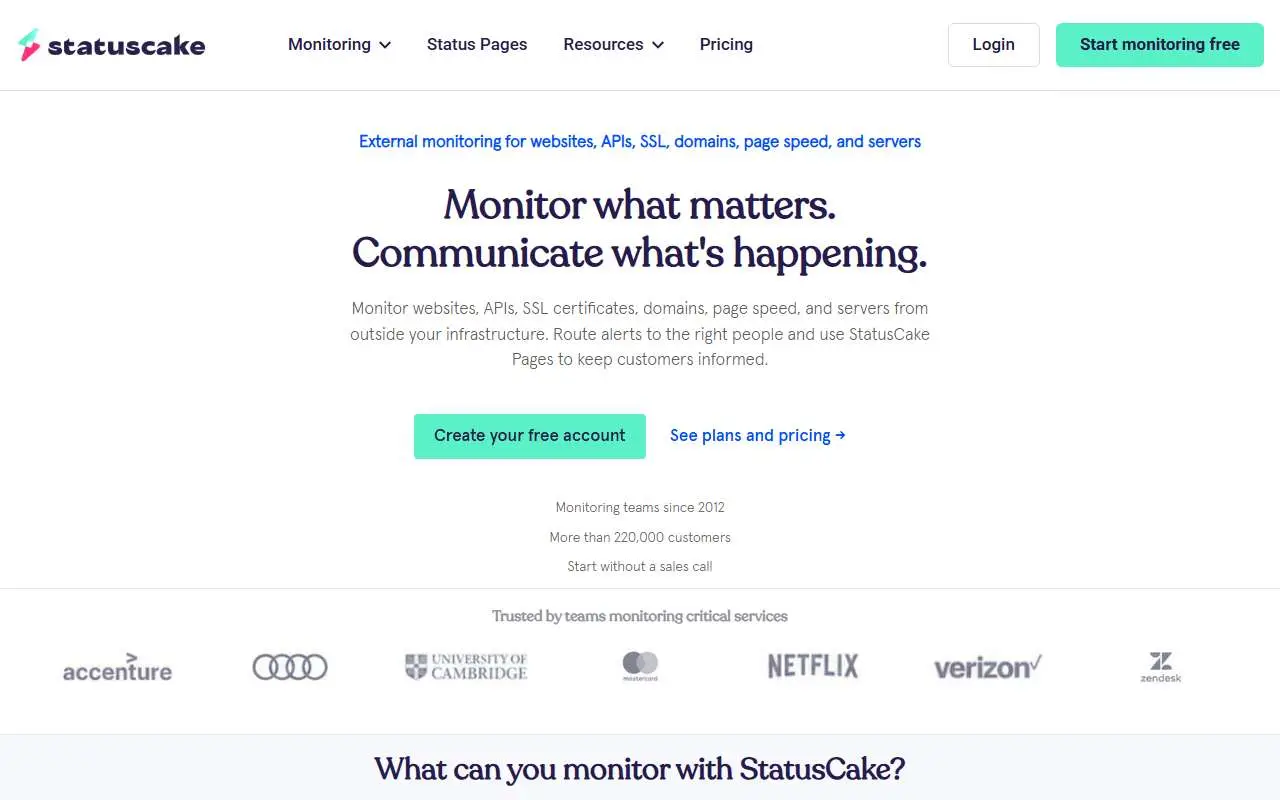 Tampilan website resmi StatusCake (statuscake.com)
