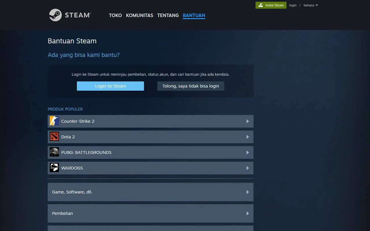Tampilan website resmi Steam Support (help.steampowered.com)